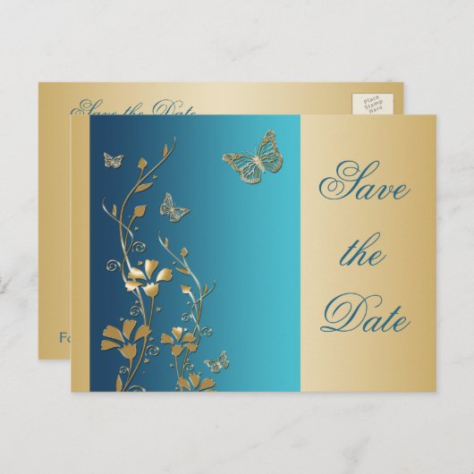 Aquamarine und goldene Schmetterlinge Save the Dat Ankündigungspostkarte (Vorne/Hinten)