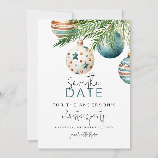 Aquamarine und goldene Tree Ornamente | Weihnachts Save The Date (Vorderseite)