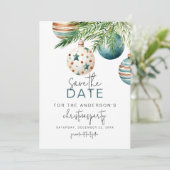 Aquamarine und goldene Tree Ornamente | Weihnachts Save The Date (Stehend Vorderseite)