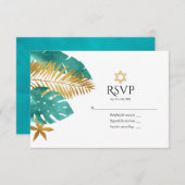 Aquamarine und goldene tropische Bat Mitzvah RSVP Karte (Vorne/Hinten)