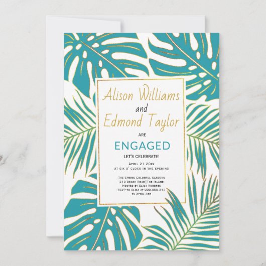 Aquamarine und goldene tropische Blätter Einladung (Vorderseite)