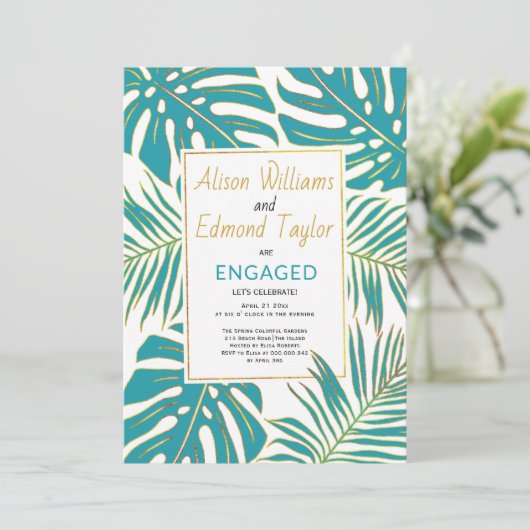 Aquamarine und goldene tropische Blätter Einladung (Stehend Vorderseite)
