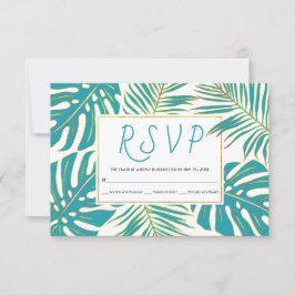 Aquamarine und goldene tropische Blätter Hochzeit  RSVP Karte