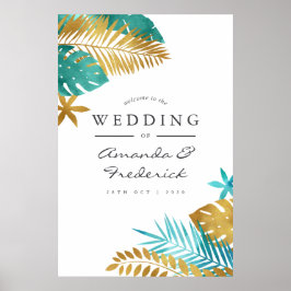 Aquamarine und goldene Tropische Hochzeit Poster