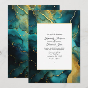 Aquamarine und goldfarbene Hochzeit Einladung