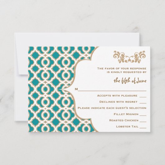 Aquamarine und goldmarokkanische Hochzeitskarten RSVP Karte (Vorderseite)