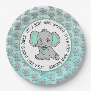 Aquamarine und graue Elephant Themed Baby Dusche Pappteller