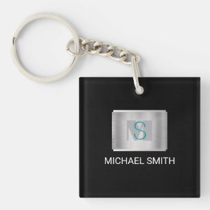 Aquamarine und graue Monogramm, Silbername, schwar Schlüsselanhänger