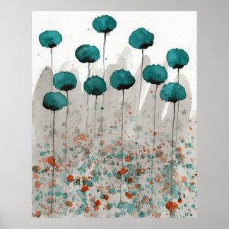 Aquamarine und graue Pflaumen, Aquarellmauer, Blum Poster