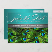 Aquamarine und grüne Pfauenhochzeit retten Termine Ankündigungspostkarte (Vorne/Hinten)