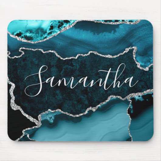 Aquamarine und Imitate Silver Glitzer Marmor Agate Mousepad (Vorne)