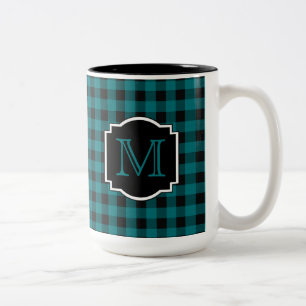 Aquamarine und Karierte Monogramm Zweifarbige Tasse