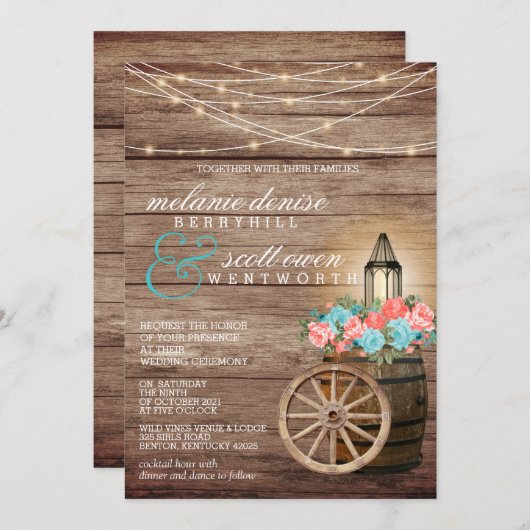 Aquamarine und Korallen Blume Einladung (Vorne/Hinten)