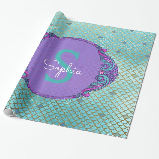 Aquamarine und Lila Mermaid-Scales Monogram zum Ge Geschenkpapier (Ungerollt)