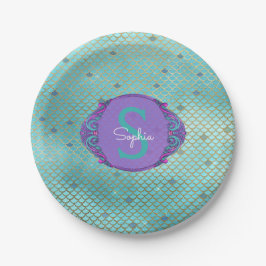 Aquamarine und Lila Mermaid-Scales Monogram zum Ge Pappteller