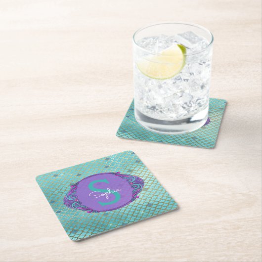 Aquamarine und Lila Mermaid-Scales Monogram zum Ge Rechteckiger Pappuntersetzer (Vor Ort)
