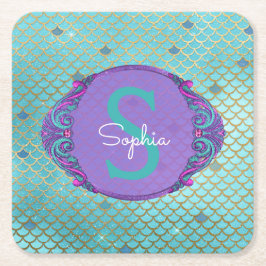 Aquamarine und Lila Mermaid-Scales Monogram zum Ge Rechteckiger Pappuntersetzer