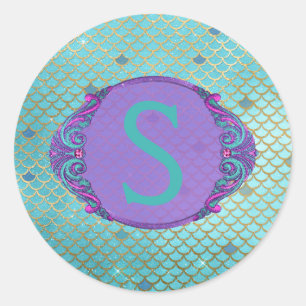 Aquamarine und Lila Mermaid-Scales Monogram zum Ge Runder Aufkleber