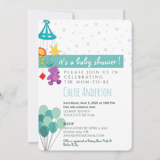 Aquamarine und Lila Mobile Baby Dusche Einladung (Vorderseite)