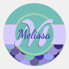 Aquamarine und Lila Monogramm-Mermaid-Folie für Au Runder Aufkleber