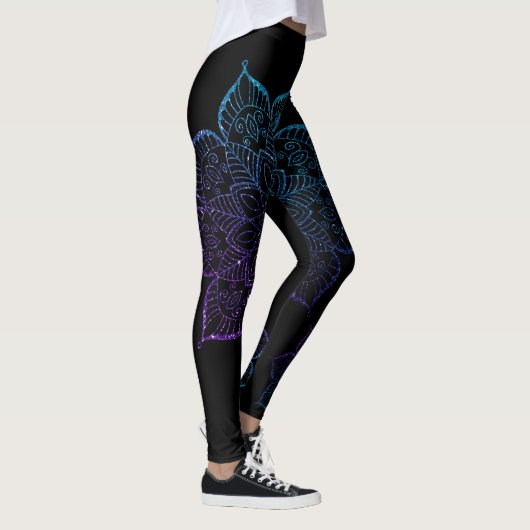 Aquamarine und Lila Ombre Imitats Glitzer Mandalas Leggings (Rechts)