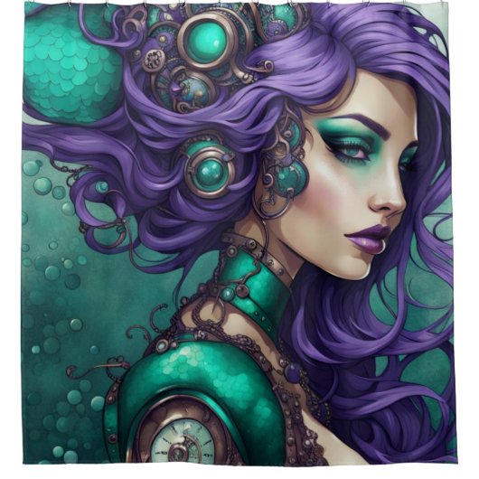 "Aquamarine und Lila Steampunk Mermaid" Duschvorhang (Vorderseite)