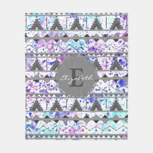 Aquamarine und Lila Wasserfarbe Graues Azteenmuste Fleecedecke