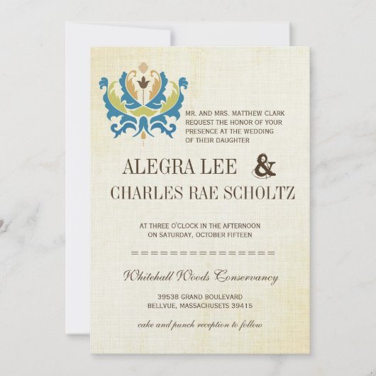 Aquamarine und Limone Damaske Moderne Chalkboard E Einladung (Vorderseite)