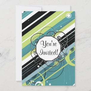 Aquamarine und Limone Retro-Streifen mit Monogramm Einladung