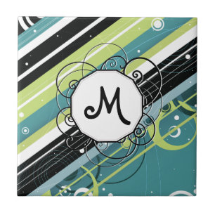 Aquamarine und Limone Retro-Streifen mit Monogramm Fliese
