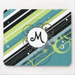 Aquamarine und Limone Retro-Streifen mit Monogramm Mousepad