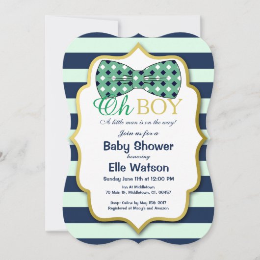 Aquamarine und Navy Bowtie Baby Shower Einladungen (Vorderseite)