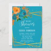 Aquamarine und orange Florals Gold Baby Dusche Einladung (Vorderseite)