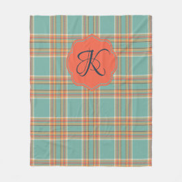 Aquamarine und Orange Tartan Karierte Monogramm-Bl Fleecedecke