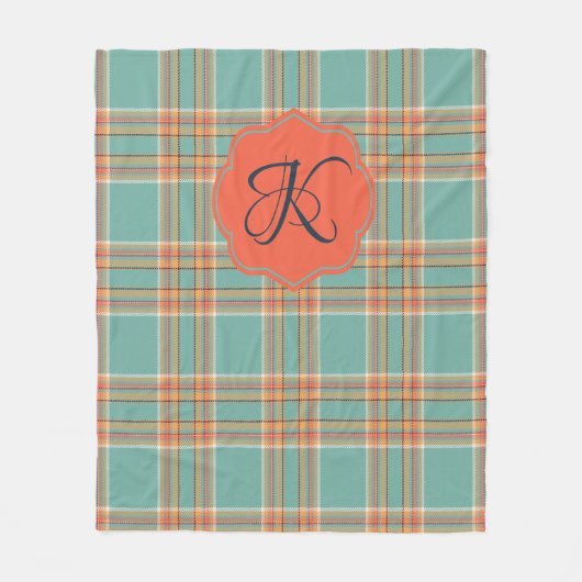 Aquamarine und Orange Tartan Karierte Monogramm-Bl Fleecedecke (Vorderseite)