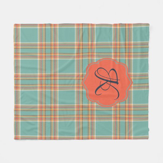 Aquamarine und Orange Tartan Karierte Monogramm-Bl Fleecedecke (Vorderseite (Horizontal))