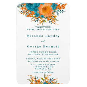 Aquamarine und orangefarbene Florals Hochzeitsfeie Magnet