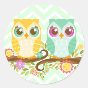 Aquamarine und orangefarbene Owls - Rundkleber Runder Aufkleber