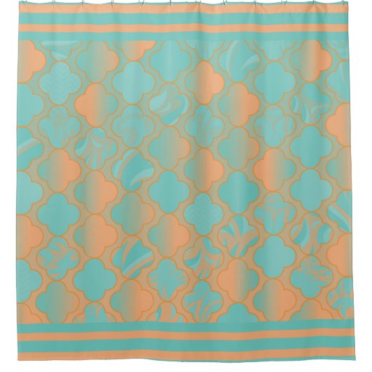 Aquamarine und Pfirsich Quatrefoil Muster Duschvorhang (Vorderseite)