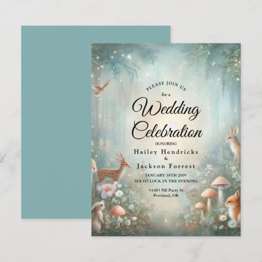 Aquamarine und pfirsichfarbene Waldhochzeit Einladung (Vorne/Hinten)
