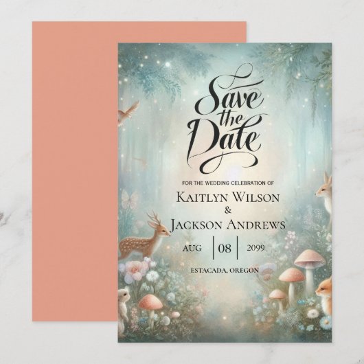 Aquamarine und pfirsichfarbene Waldhochzeit Save The Date (Vorne/Hinten)