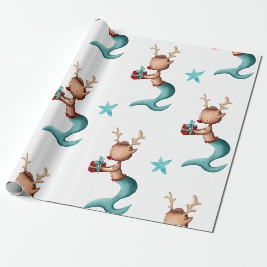 Aquamarine und Red Mermaid Reindeer Weihnachten Geschenkpapier (Ungerollt)