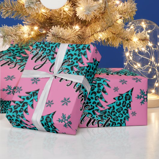 Aquamarine und rosa Geparde Weihnachtsbaumen druck Geschenkpapier (Feiertage)
