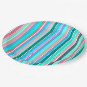 Aquamarine und rosa Streifen Pappteller (Schrägansicht)