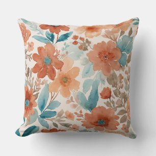 Aquamarine und rostfarbene Aquarellblüte in Beige Kissen