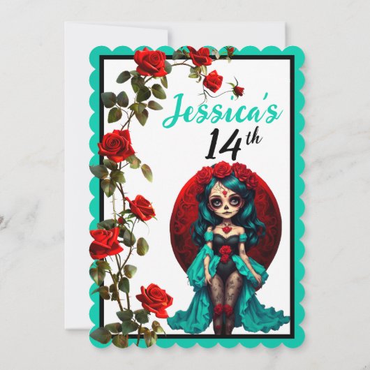 Aquamarine und Rote Rosen Zuckerrüben Einladung (Rückseite)