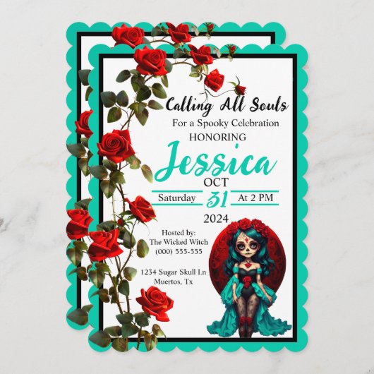 Aquamarine und Rote Rosen Zuckerrüben Einladung (Vorne/Hinten)