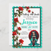 Aquamarine und Rote Rosen Zuckerrüben Einladung (Vorderseite)