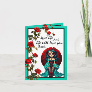 Aquamarine und Rote Rosen Zuckerschädel Dankeskarte