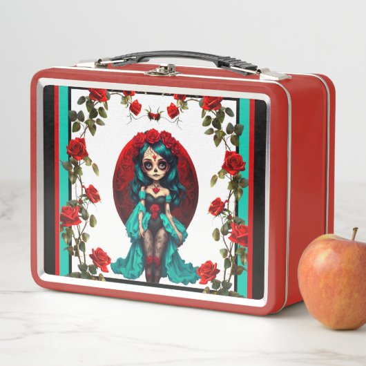 Aquamarine und Rote Rosen Zuckerschädel Metall Brotdose (Beispiel)